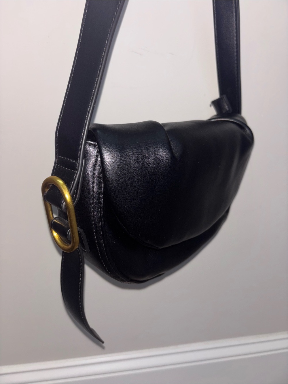 Street Level Black Leather Crossbody Crescent Bag with Brass Buckle